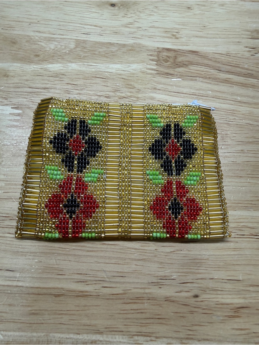 Hand Beaded Mexican Coin Purse 4x3” Floral Red Black Green Gold Handmade